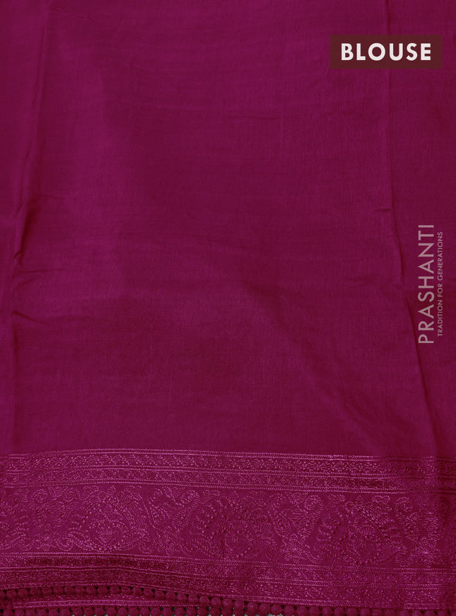 Dola silk saree dark pink with allover floral embroidery work and chikankari work border