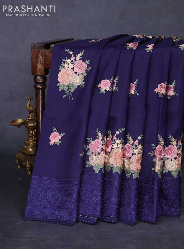 Dola silk saree dark blue with allover floral embroidery work and chikankari work border