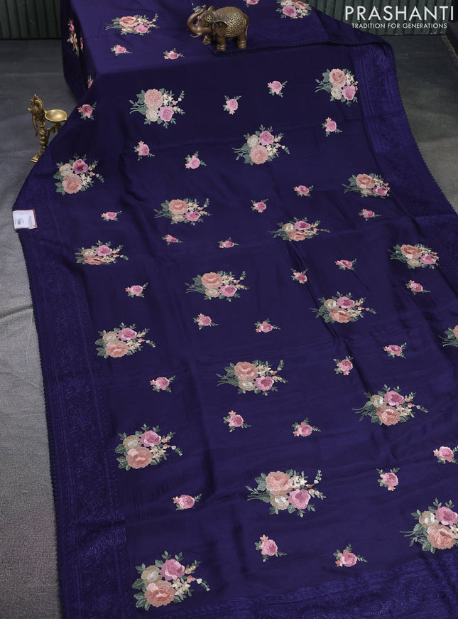 Dola silk saree dark blue with allover floral embroidery work and chikankari work border