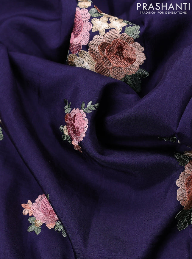 Dola silk saree dark blue with allover floral embroidery work and chikankari work border