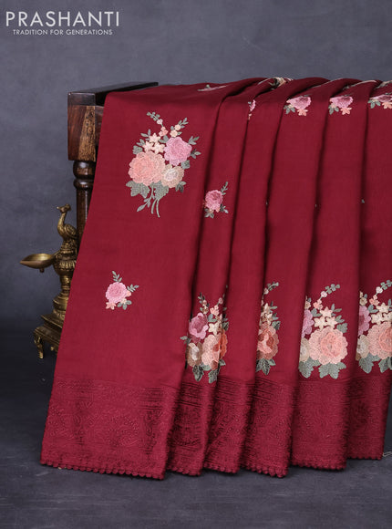 Dola silk saree deep maroon with allover floral embroidery work and chikankari work border