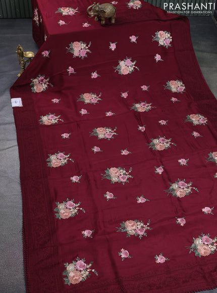 Dola silk saree deep maroon with allover floral embroidery work and chikankari work border