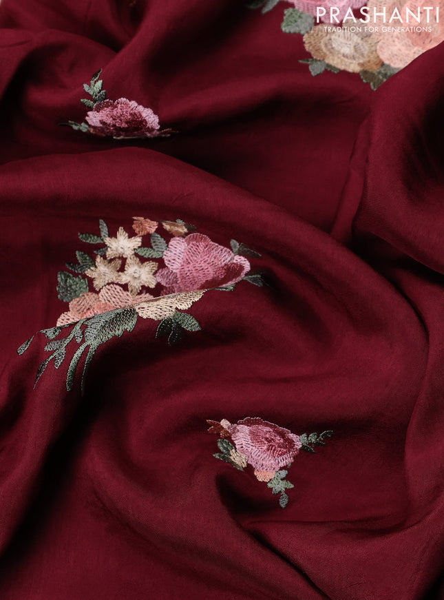 Dola silk saree deep maroon with allover floral embroidery work and chikankari work border