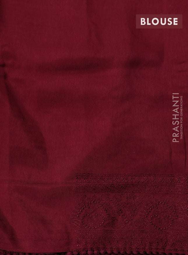 Dola silk saree deep maroon with allover floral embroidery work and chikankari work border