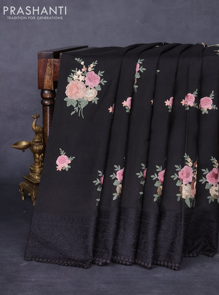 Dola silk saree black with allover floral embroidery work and chikankari work border
