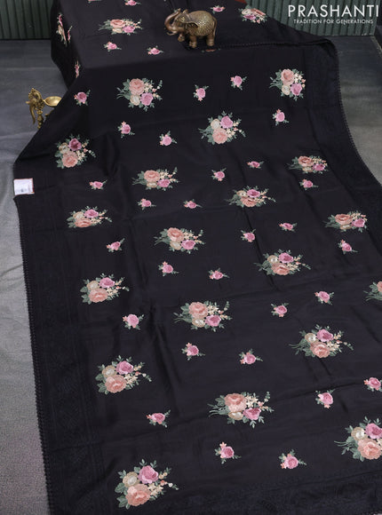 Dola silk saree black with allover floral embroidery work and chikankari work border