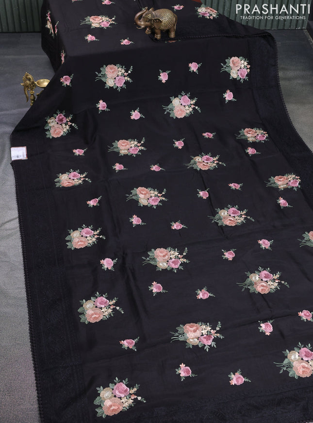 Dola silk saree black with allover floral embroidery work and chikankari work border
