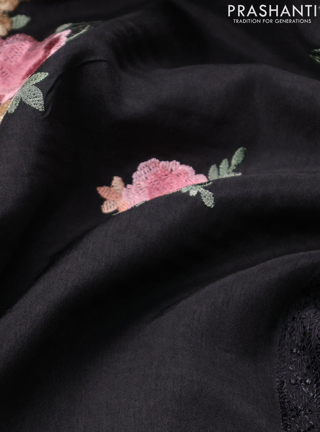 Dola silk saree black with allover floral embroidery work and chikankari work border