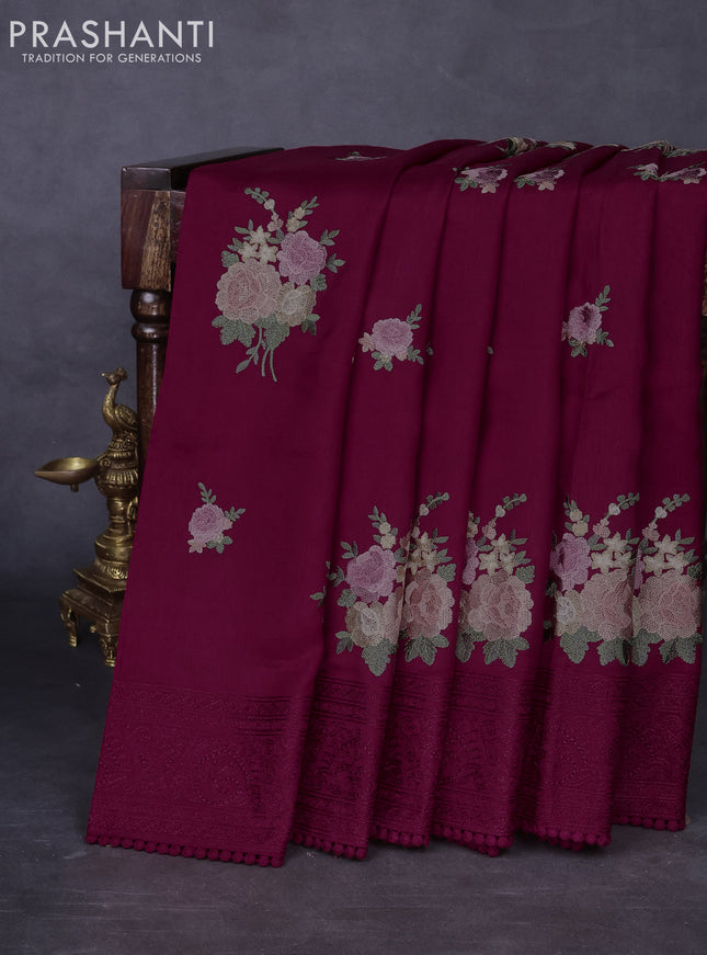 Dola silk saree maroon with allover floral embroidery work and chikankari work border