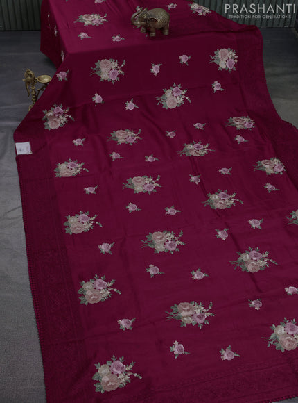 Dola silk saree maroon with allover floral embroidery work and chikankari work border