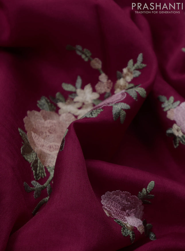 Dola silk saree maroon with allover floral embroidery work and chikankari work border