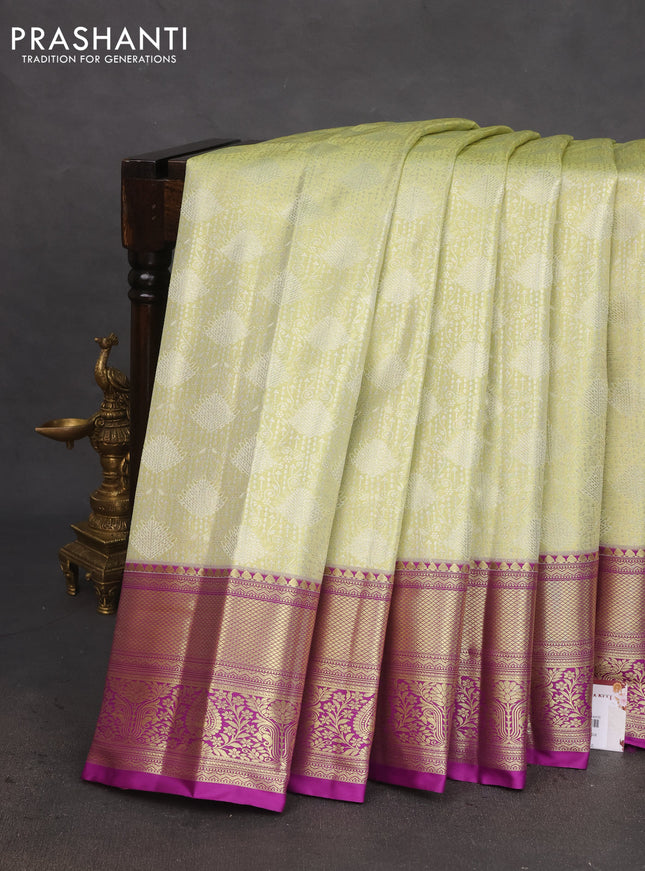Bangalori tissue silk saree lime yellow and purple with allover silver zari woven brocade weaves and rich zari woven border