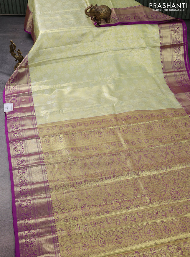Bangalori tissue silk saree lime yellow and purple with allover silver zari woven brocade weaves and rich zari woven border