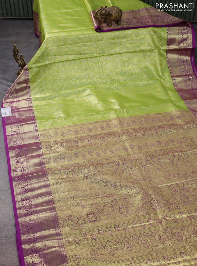 Bangalori tissue silk saree light green and purple with allover silver zari woven brocade weaves and rich zari woven border