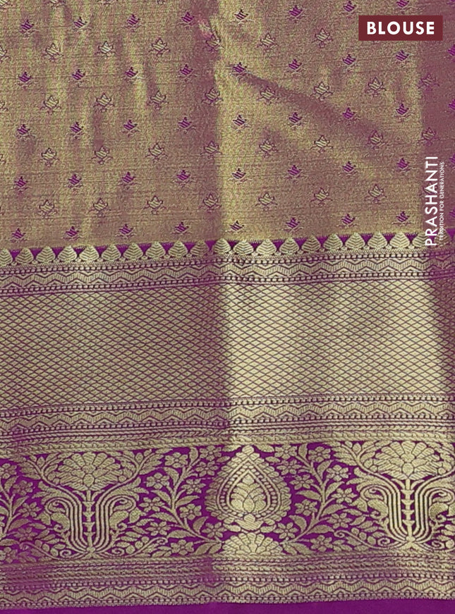 Bangalori tissue silk saree light green and purple with allover silver zari woven brocade weaves and rich zari woven border