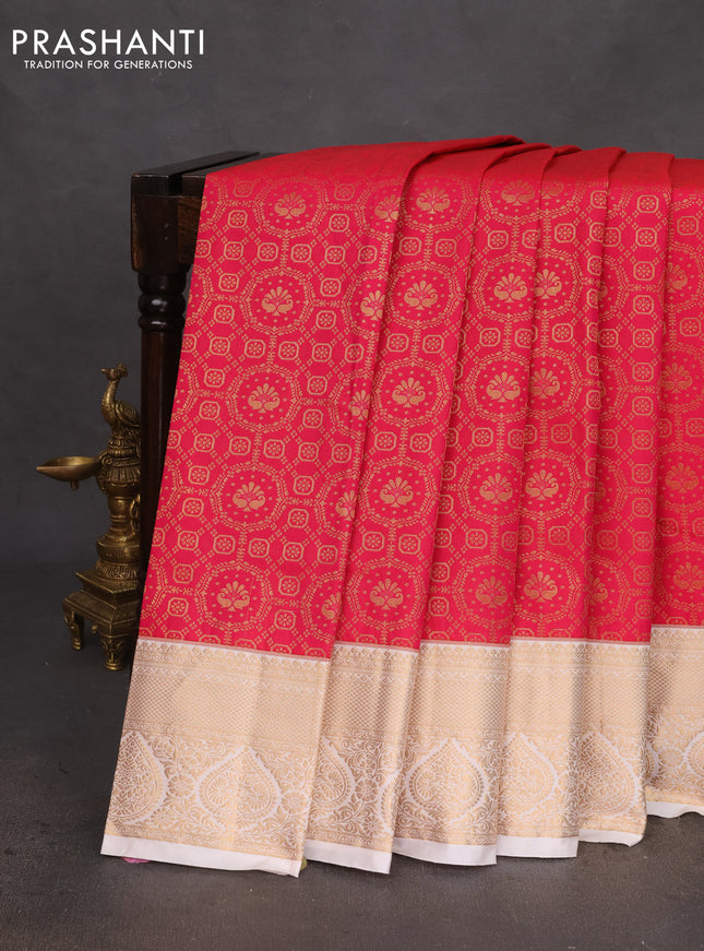 Bangalori silk saree pink and cream with allover zari woven brocade weaves and rich zari woven border
