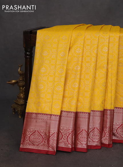 Bangalori silk saree yellow and maroon with allover zari woven brocade weaves and copper zari woven border