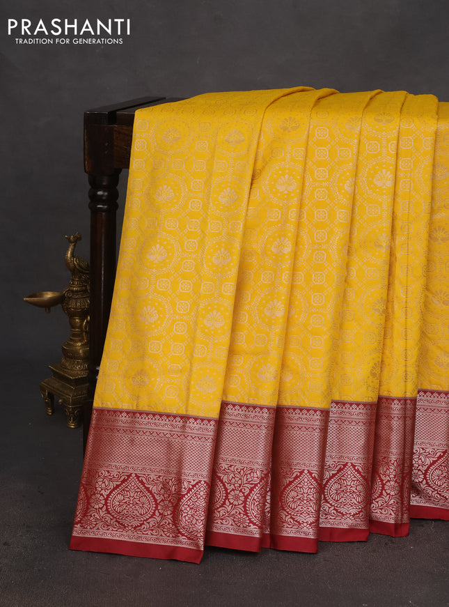 Bangalori silk saree yellow and maroon with allover zari woven brocade weaves and copper zari woven border