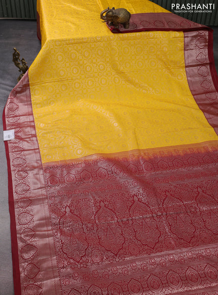 Bangalori silk saree yellow and maroon with allover zari woven brocade weaves and copper zari woven border