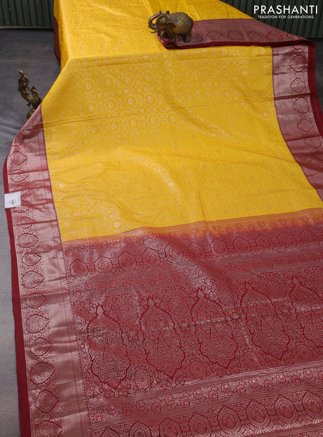 Bangalori silk saree yellow and maroon with allover zari woven brocade weaves and copper zari woven border