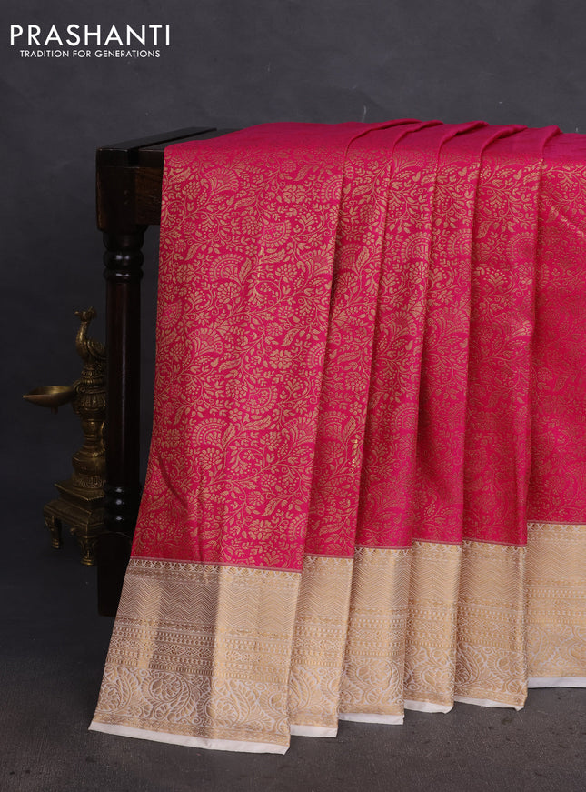 Bangalori silk saree dark pink and cream with allover zari woven brocade weaves and zari woven border