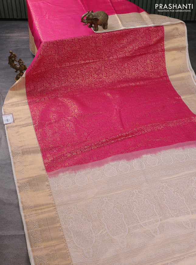 Bangalori silk saree dark pink and cream with allover zari woven brocade weaves and zari woven border