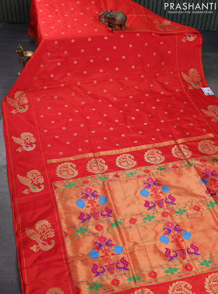 Pure paithani silk saree orange with allover zari woven floral buttas and paithani weaving pallu
