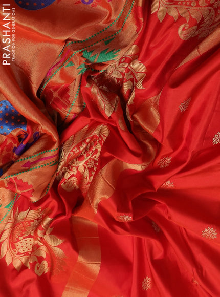 Pure paithani silk saree orange with allover zari woven floral buttas and paithani weaving pallu