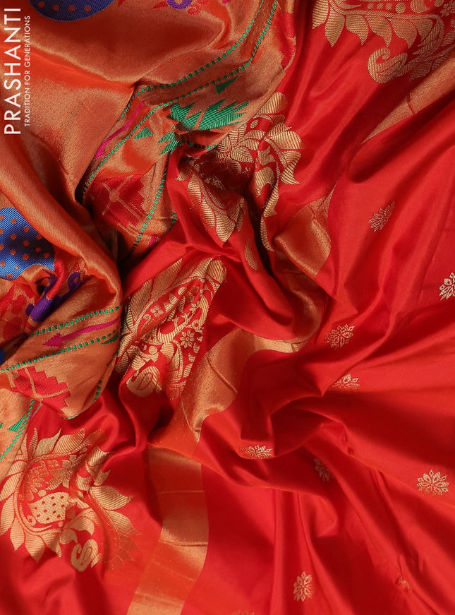 Pure paithani silk saree orange with allover zari woven floral buttas and paithani weaving pallu