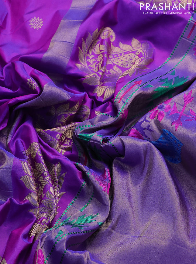 Pure paithani silk saree purple with allover zari woven floral buttas and paithani weaving pallu