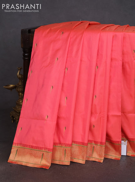 Pure paithani silk saree peach pink shade and red with allover thread & zari woven muniya buttas and paithani weaving pallu