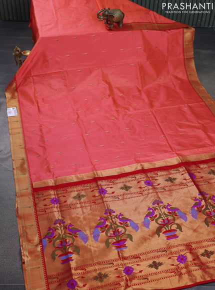 Pure paithani silk saree peach pink shade and red with allover thread & zari woven muniya buttas and paithani weaving pallu