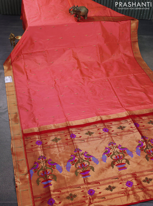 Pure paithani silk saree peach pink shade and red with allover thread & zari woven muniya buttas and paithani weaving pallu