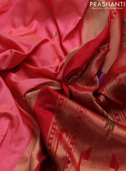 Pure paithani silk saree peach pink shade and red with allover thread & zari woven muniya buttas and paithani weaving pallu
