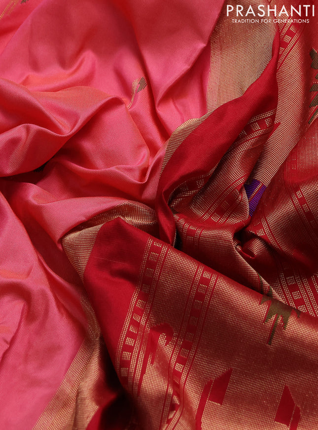 Pure paithani silk saree peach pink shade and red with allover thread & zari woven muniya buttas and paithani weaving pallu