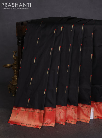 Pure paithani silk saree black and red with allover thread & zari woven muniya buttas and paithani weaving pallu
