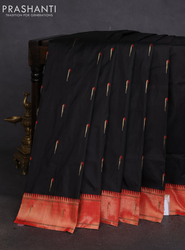 Pure paithani silk saree black and red with allover thread & zari woven muniya buttas and paithani weaving pallu