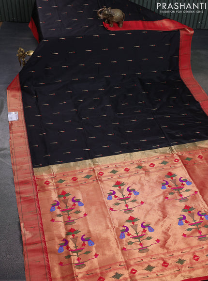 Pure paithani silk saree black and red with allover thread & zari woven muniya buttas and paithani weaving pallu