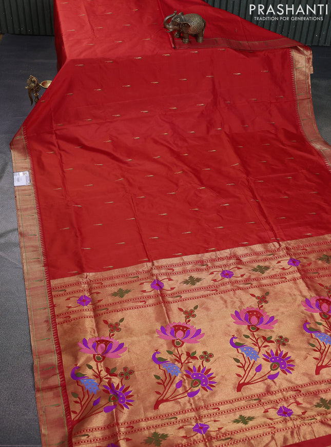 Pure paithani silk saree orange with allover thread & zari woven muniya buttas and paithani weaving pallu