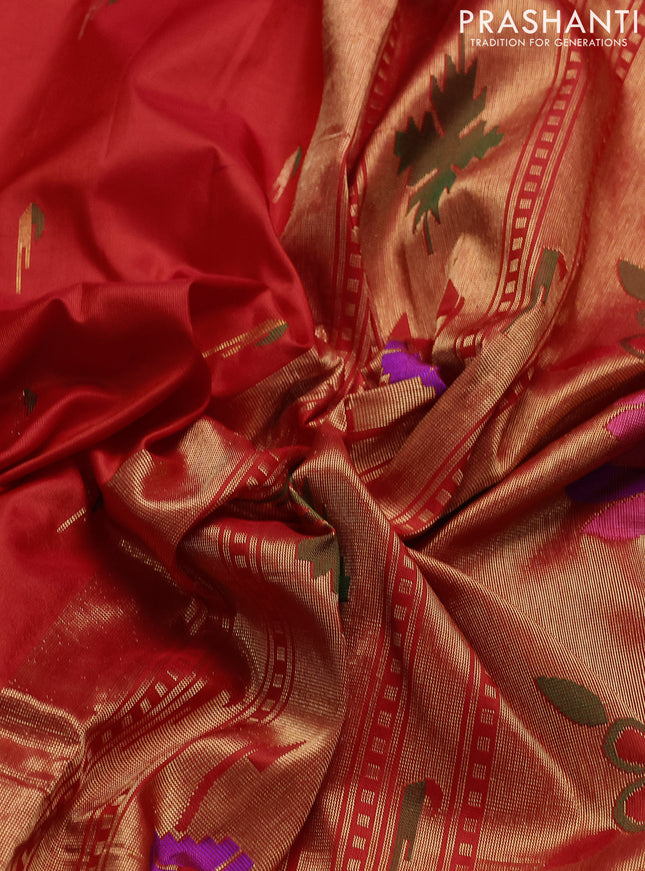 Pure paithani silk saree orange with allover thread & zari woven muniya buttas and paithani weaving pallu