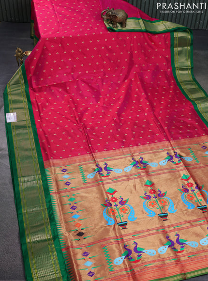 Pure paithani silk saree pink and green with allover thread & zari woven buttas and paithani weaving pallu