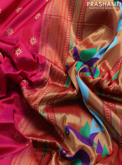 Pure paithani silk saree pink and green with allover thread & zari woven buttas and paithani weaving pallu