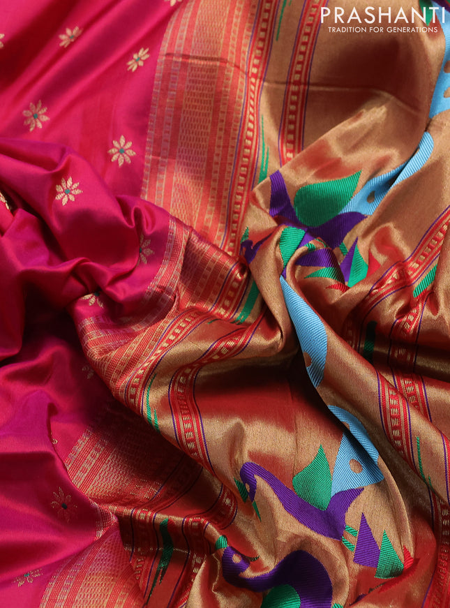 Pure paithani silk saree pink and green with allover thread & zari woven buttas and paithani weaving pallu