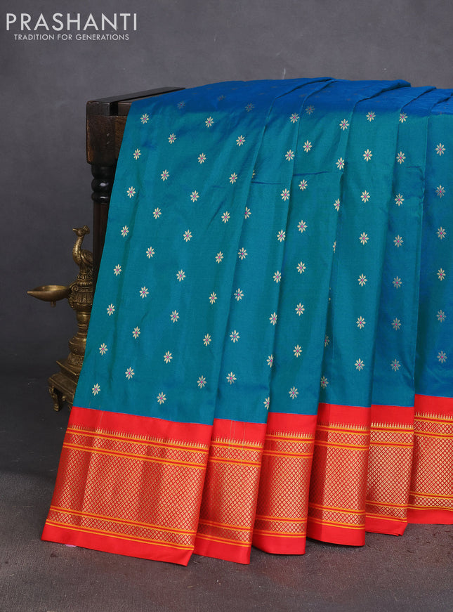 Pure paithani silk saree dual shade of teal blue and red with allover zari woven buttas and paithani weaving pallu