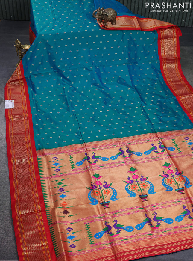 Pure paithani silk saree dual shade of teal blue and red with allover zari woven buttas and paithani weaving pallu