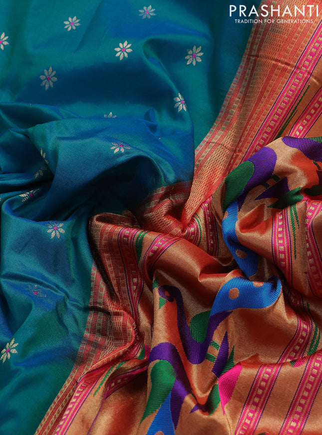 Pure paithani silk saree dual shade of teal blue and red with allover zari woven buttas and paithani weaving pallu
