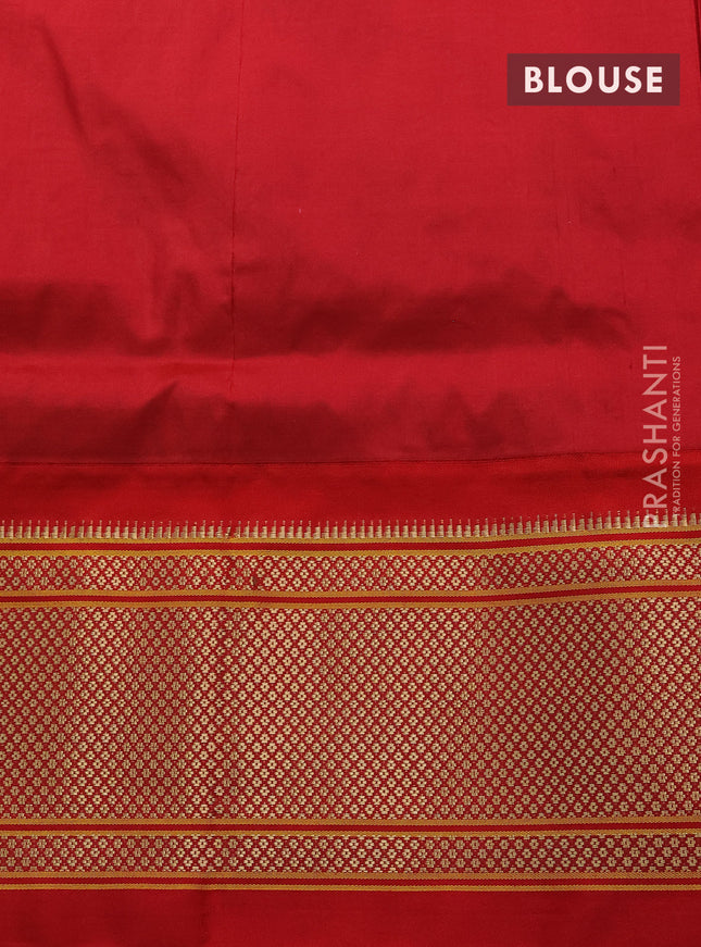 Pure paithani silk saree dual shade of teal blue and red with allover zari woven buttas and paithani weaving pallu