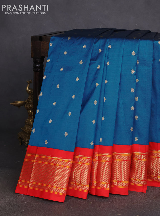 Pure paithani silk saree cs blue and red with allover zari woven buttas and paithani weaving pallu