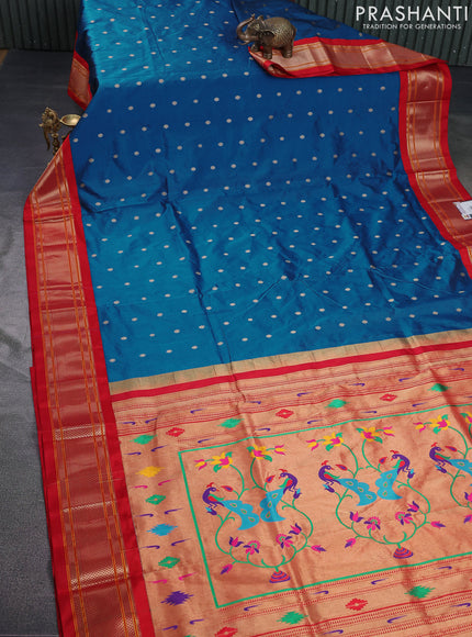Pure paithani silk saree cs blue and red with allover zari woven buttas and paithani weaving pallu