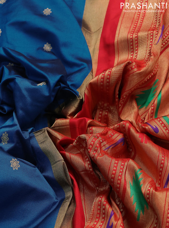 Pure paithani silk saree cs blue and red with allover zari woven buttas and paithani weaving pallu
